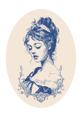 Modern rococo 'dan esinlenerek genç bayan, romantik görünüş, klasik süs ayrıntıları, zarif poz