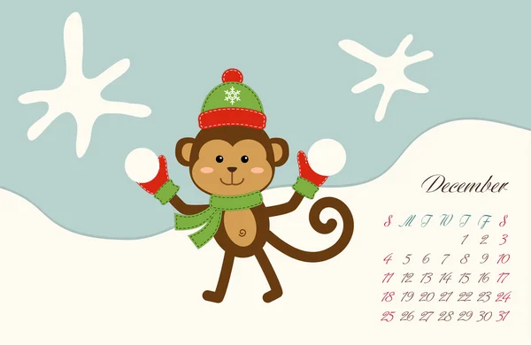 Calendar December page with monkey — Stock Vector