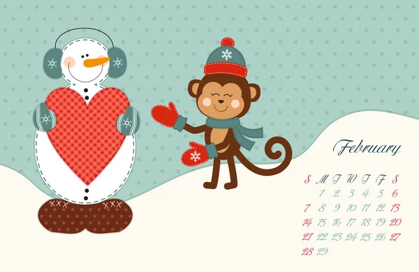 Calendario página de febrero con mono — Vector de stock