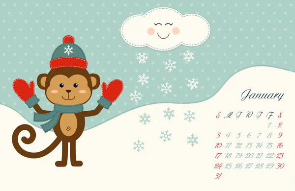 猿とカレンダー 1 月のページ — ストックベクタ