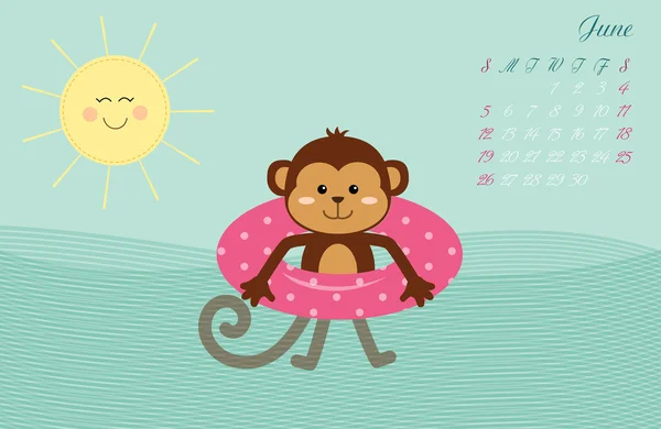 Calendrier Juin page avec singe — Image vectorielle