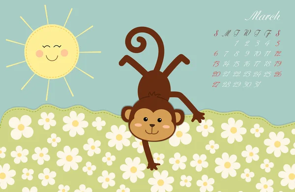 Calendrier Mars page avec singe — Image vectorielle