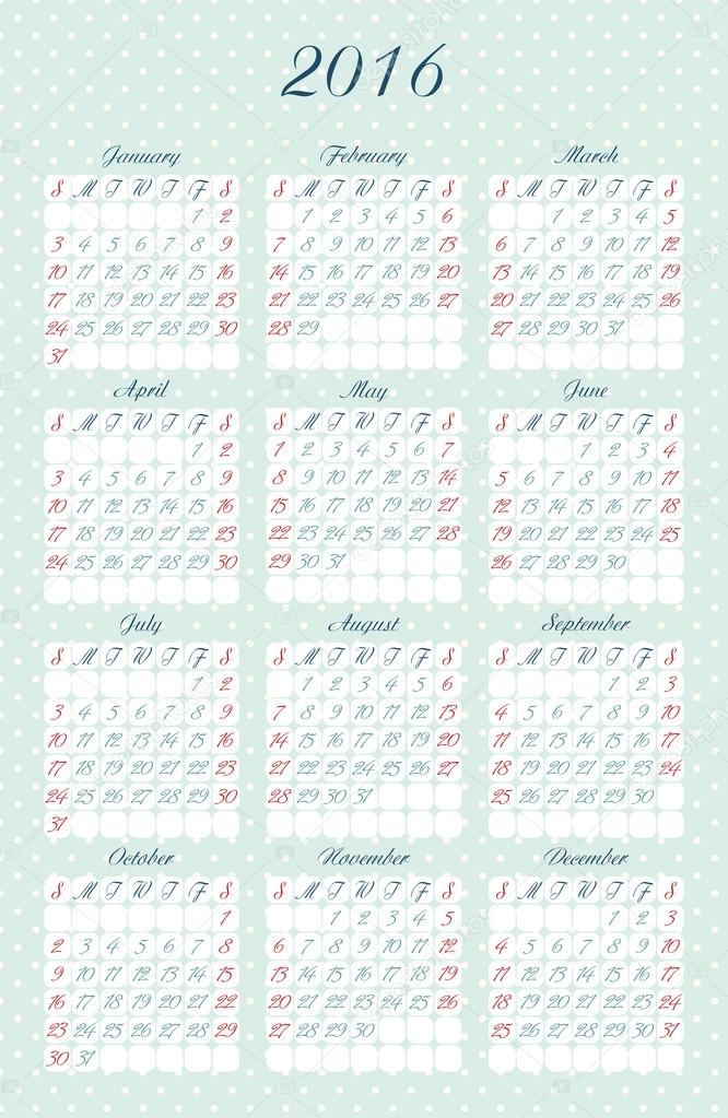 Kalender mit kaligraphischen Buchstaben und Zahlen — Stockvektor