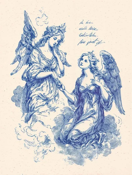 Kutsal rokoko sanatı, melek heykeli figürleri, modern şehvetli dini poz, yumuşak altın ışık, klasik resim tarzı, duygusal sanat posteri, monokrom mavi çizgi sanatı, oyma tarzı kompozisyon