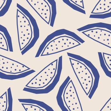 Modern çağdaş tarzda karpuz meyve dilimleri içeren kusursuz minimalist soyut meyve deseni mavi ve bej renk paletiyle çizilmiş vektör çizimi. Kumaş, tekstil, ambalaj kağıdı, ambalaj, mutfak dekorasyonu, duvar kağıdı için mükemmel.