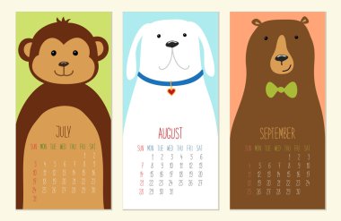 2016 takvim sayfaları hayvanlar karakterlerle