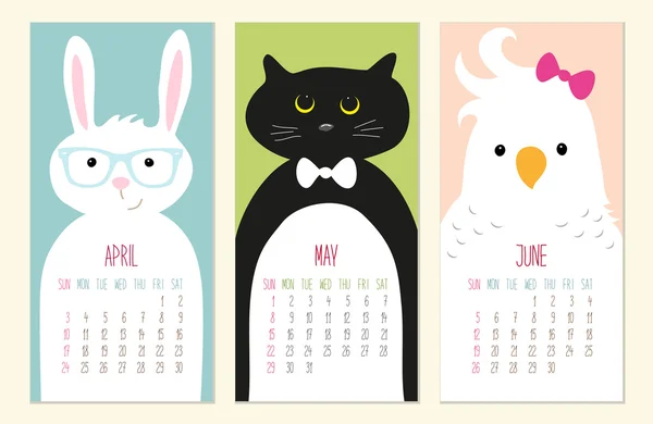 Mignon 2016 pages du calendrier avec des animaux drôles — Image vectorielle