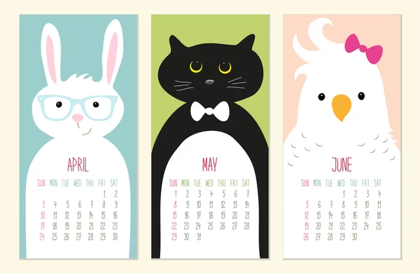 Bonito 2016 páginas de calendário com animais engraçados —  Vetores de Stock