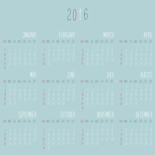 Carino retro 2016 calendario — Vettoriale Stock