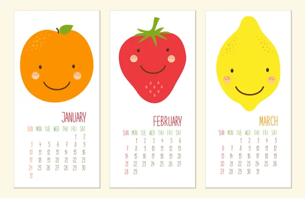 2016 páginas del calendario con caracteres frutales — Vector de stock