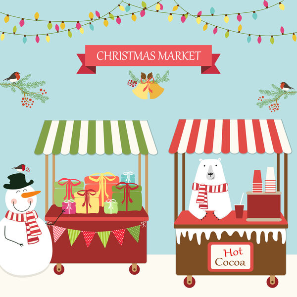 Симпатичная ретро-открытка рождественского базара
