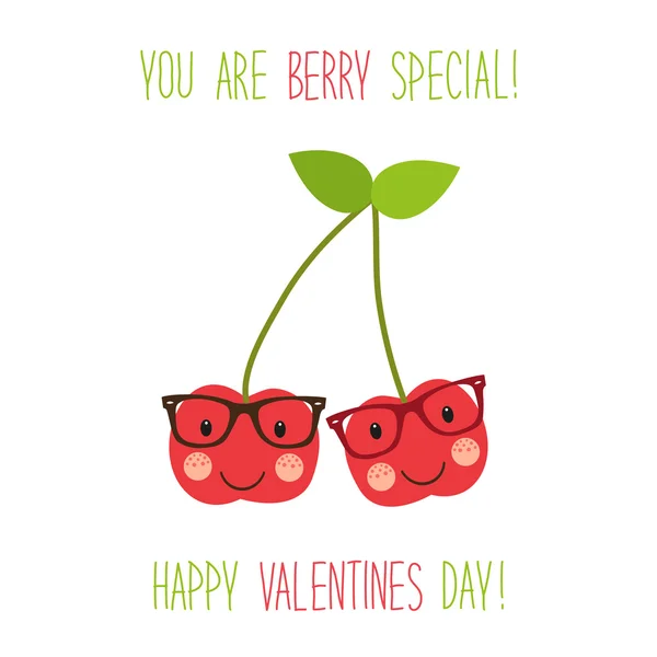 Tarjeta de San Valentín con cereza de dibujos animados — Vector de stock