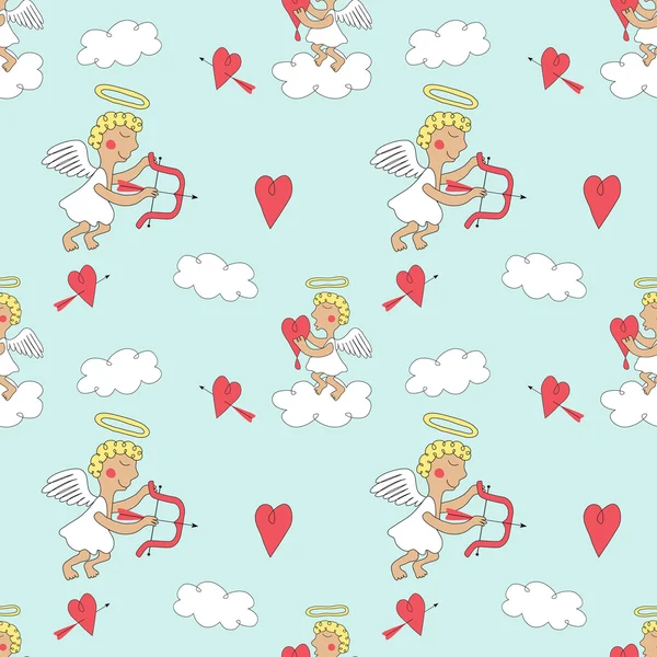 Fondo de San Valentín con cupidos y corazones — Vector de stock