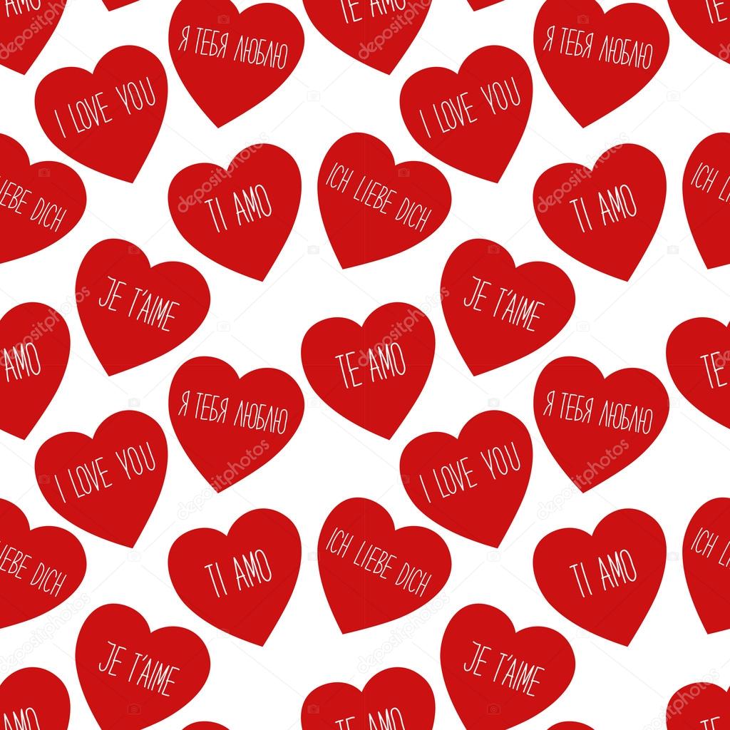 Cute retro seamless Valentines Day pattern with hearts and hand written text I LOVE YOU in different languages