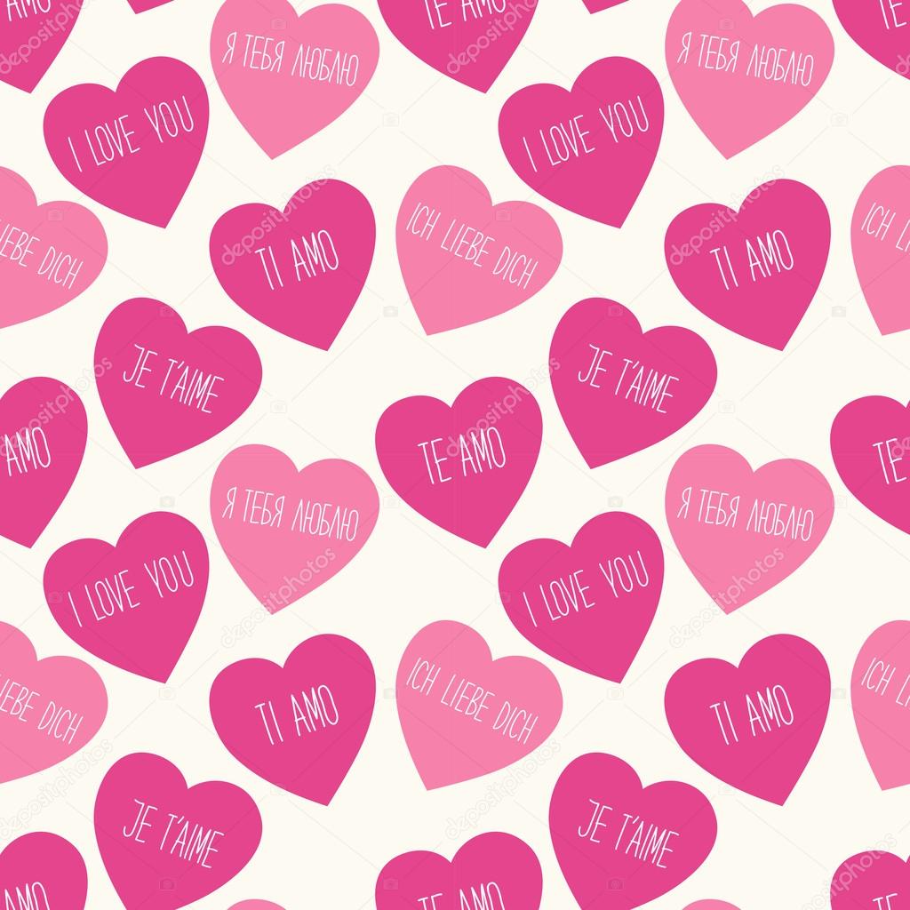 Cute retro seamless Valentines Day pattern with hearts and hand written text I LOVE YOU in different languages