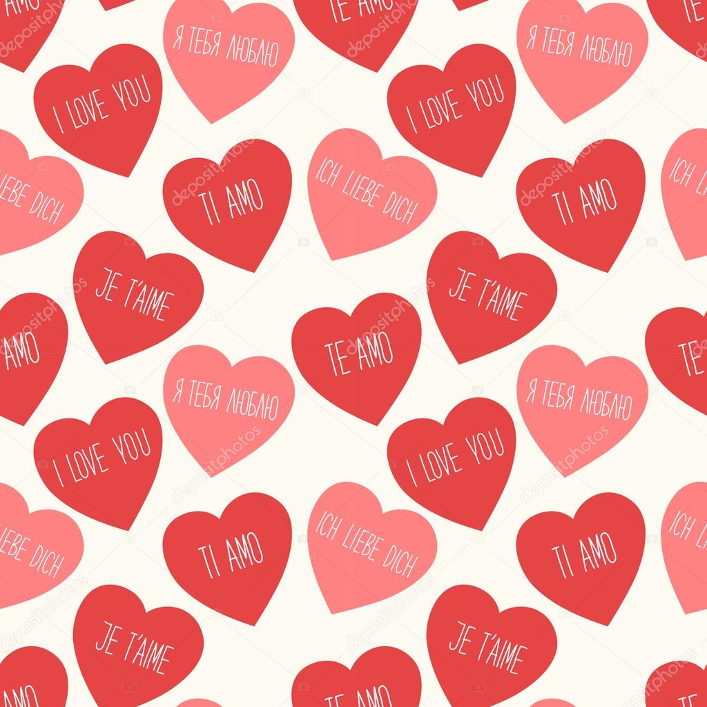 Cute retro seamless Valentines Day pattern with hearts and hand written text I LOVE YOU in different languages
