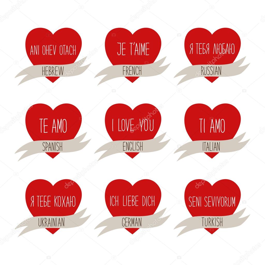 Cute retro Valentines Day card with hearts and hand written text I LOVE YOU in different languages