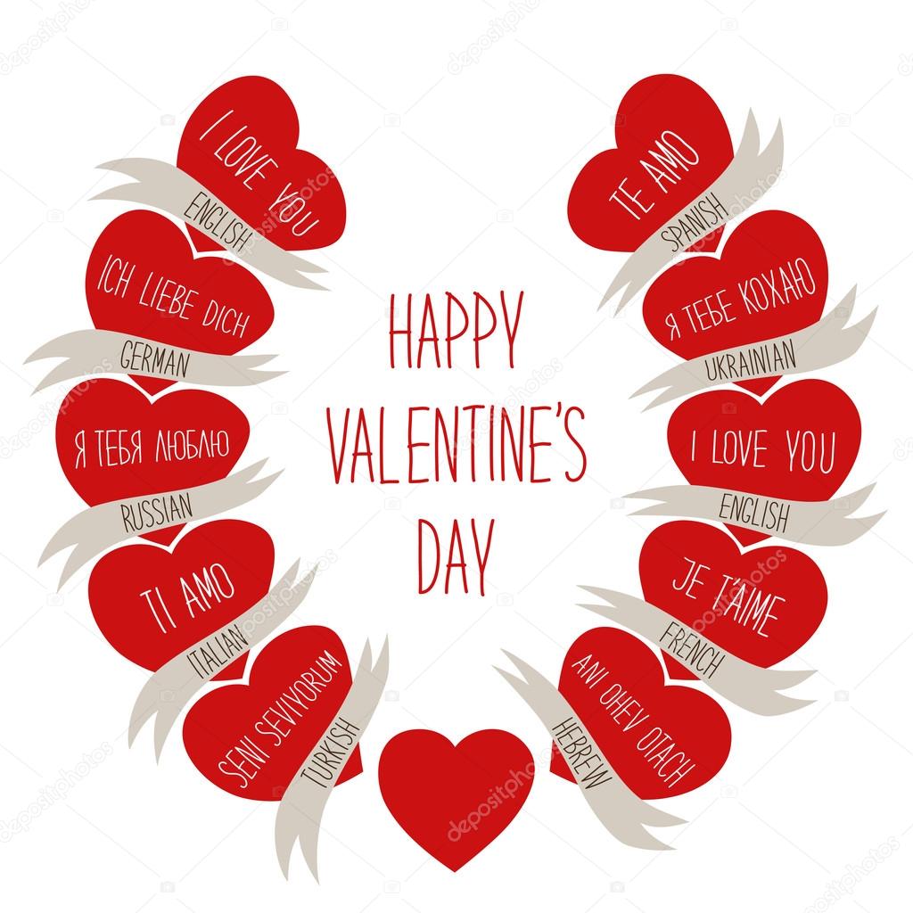 Cute retro Valentines Day card with hearts and hand written text I LOVE YOU in different languages