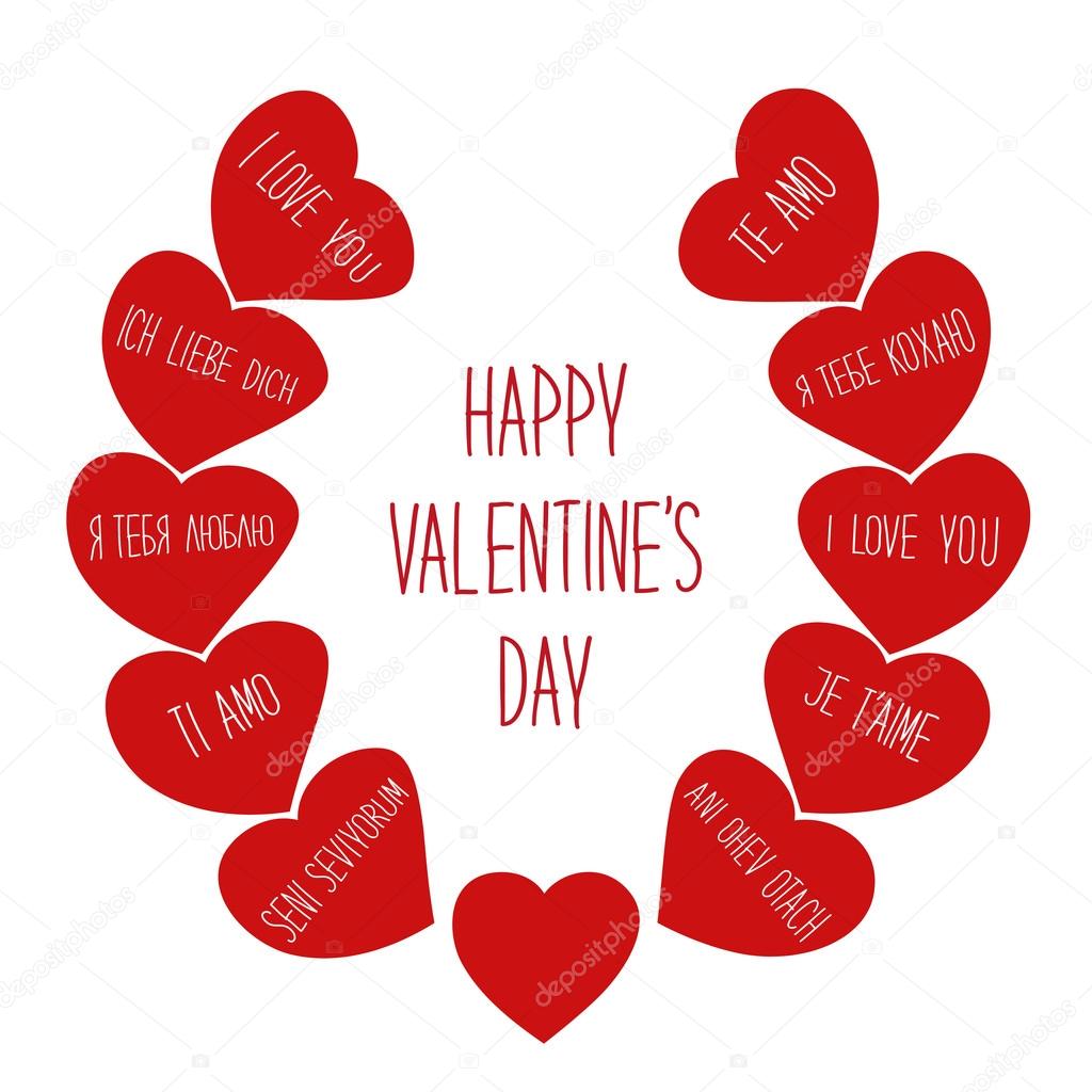 Cute retro Valentines Day card with hearts and hand written text I LOVE YOU in different languages