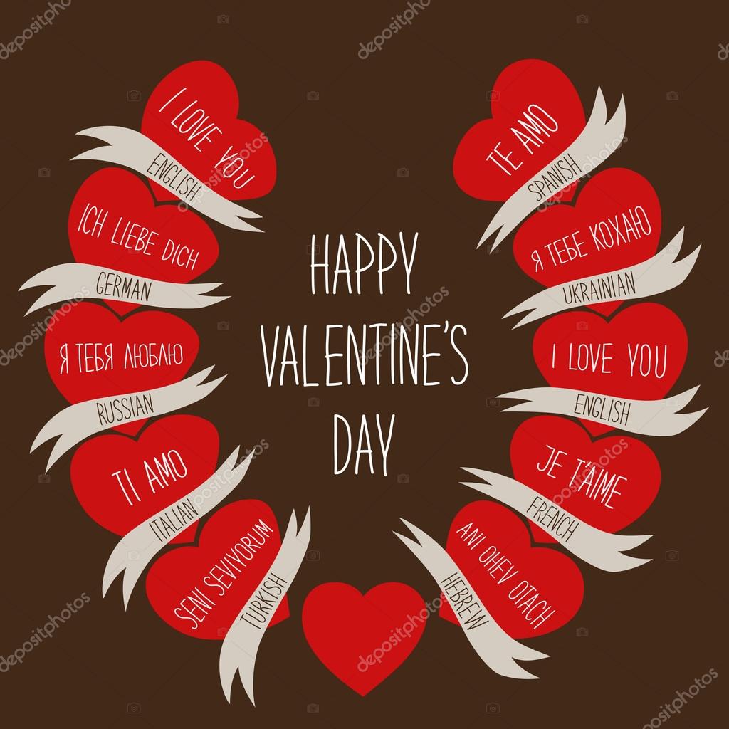 Cute retro Valentines Day card with hearts and hand written text I LOVE YOU in different languages