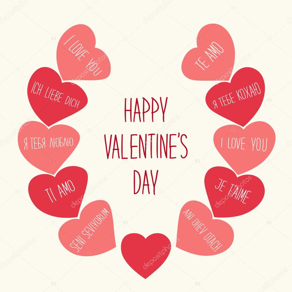 Cute retro Valentines Day card with hearts and hand written text I LOVE YOU in different languages