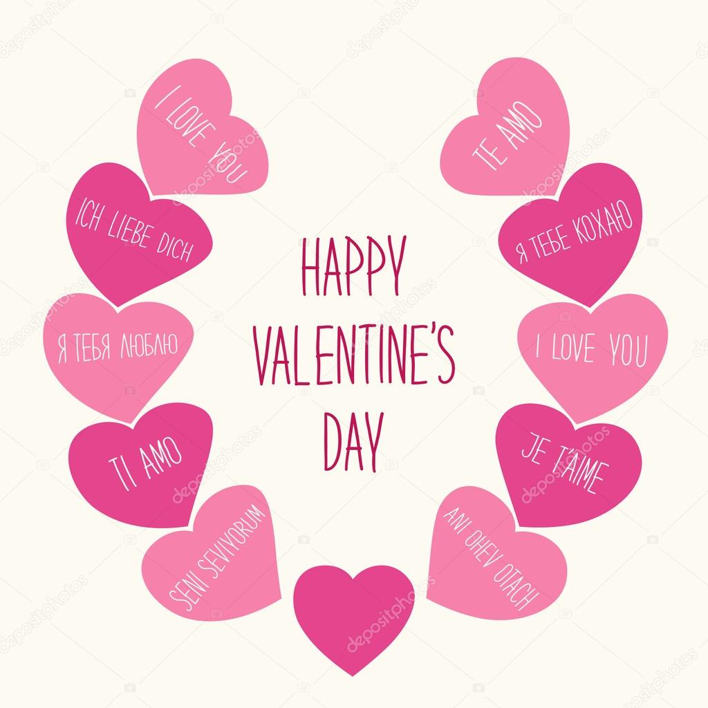 Cute retro Valentines Day card with hearts and hand written text I LOVE YOU in different languages