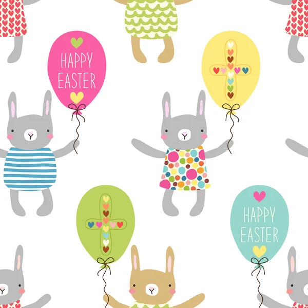 Easter pattern with bunnies and party balloons — Stock vektor