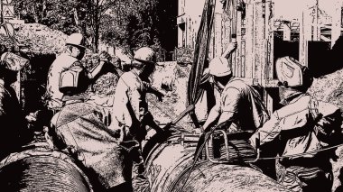 Şehrin yeni ısıtma sisteminin inşaatı. Şehrin ısıtma boru hattının yeniden inşası sırasında küçük bir grup inşaat işçisi, siyah beyaz çizim