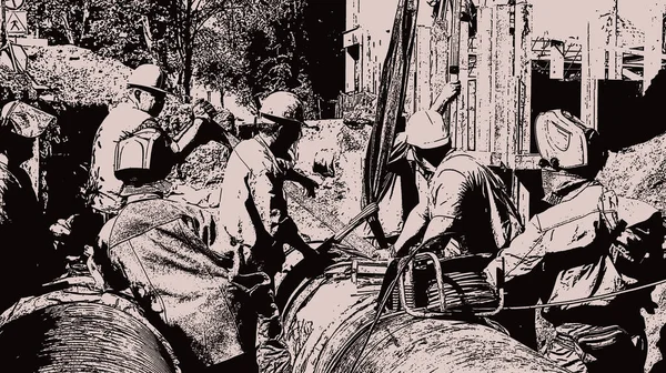 Şehrin yeni ısıtma sisteminin inşaatı. Şehrin ısıtma boru hattının yeniden inşası sırasında küçük bir grup inşaat işçisi, siyah beyaz çizim