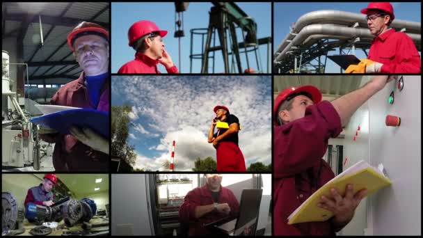 Ingenieros Industriales Trabajo Diferentes Situaciones Pantalla Dividida Vídeo Concepto Ingeniero — Vídeos de Stock