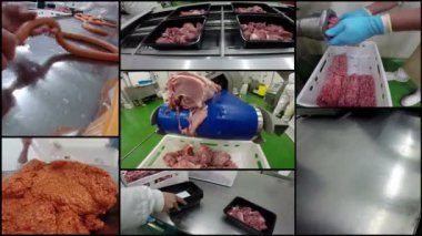 Et paketleme fabrikaları ile et işleme endüstrisi bölünmüş ekran 4K video. Et endüstrisi kavramı.
