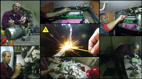 Short Circuit Sparks Electricians Work Different Situation Photo Collage Danger — Stock Photo, Image