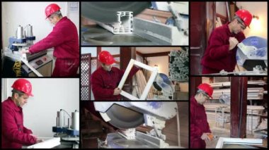 PVC Windows ve kapılar için fabrikada çalışan işçiler 4K ekran bölünmüş video 