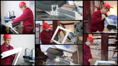 PVC pencere ve kapı fotoğraf kolajı için fabrikada çalışan bir işçi.