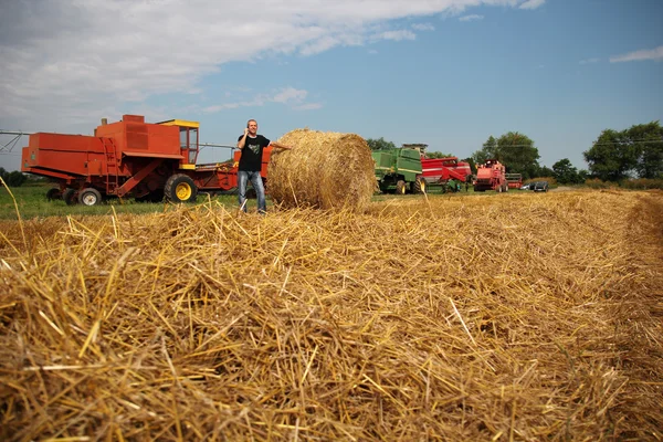 Agronom v sklizených polí se zemědělskými stroji — Stock fotografie