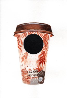 Üzerinde kapuçino macciato yazan akrilik bir kahve fincanı taslağı.