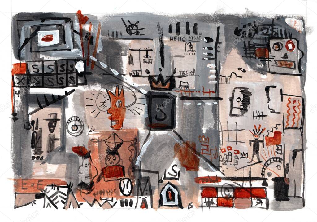 Abstract acrylic illustration with houses, windows, some people letters S,R,M, signs and crowns