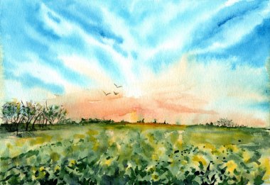 Arkaplanda ağaçlar ve açık mavi bulutlu gökyüzü olan sarı bir çiçek tarlasının suluboya çizimi