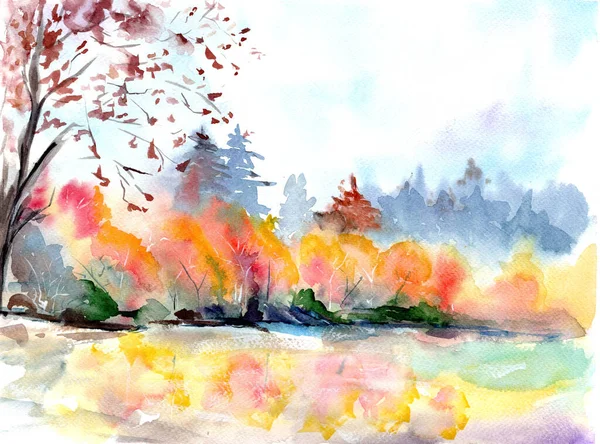 Ttle Gölü Ndeki Sisli Ormanın Parlak Bir Sonbahar Çizimi — Stok fotoğraf