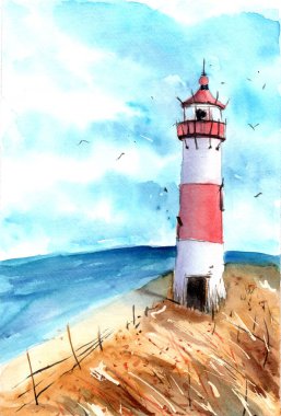 Sahilde yüksek otlu bir deniz fenerinin suluboya çizimi