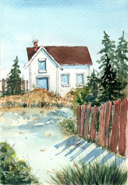 Ağaç çitleri, köknar ağaçları ve güneşli bir havada evi olan küçük bir caddenin suluboya çizimi