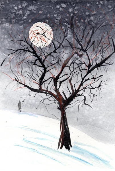 Акварельна Ілюстрація Засніженого Пагорба Деревом Листя Самотнього Чоловіка — стокове фото