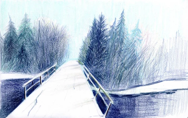 Χρωματικές Αμυγδαλές Απεικόνιση Του Χειμώνα Χιονισμένο Δάσος Έλατα Χιονισμένα Γέφυρα — Φωτογραφία Αρχείου