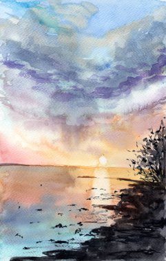 Koyu çalıları ve taşlı kıyıları olan renkli bir günbatımı plajının suluboya çizimi