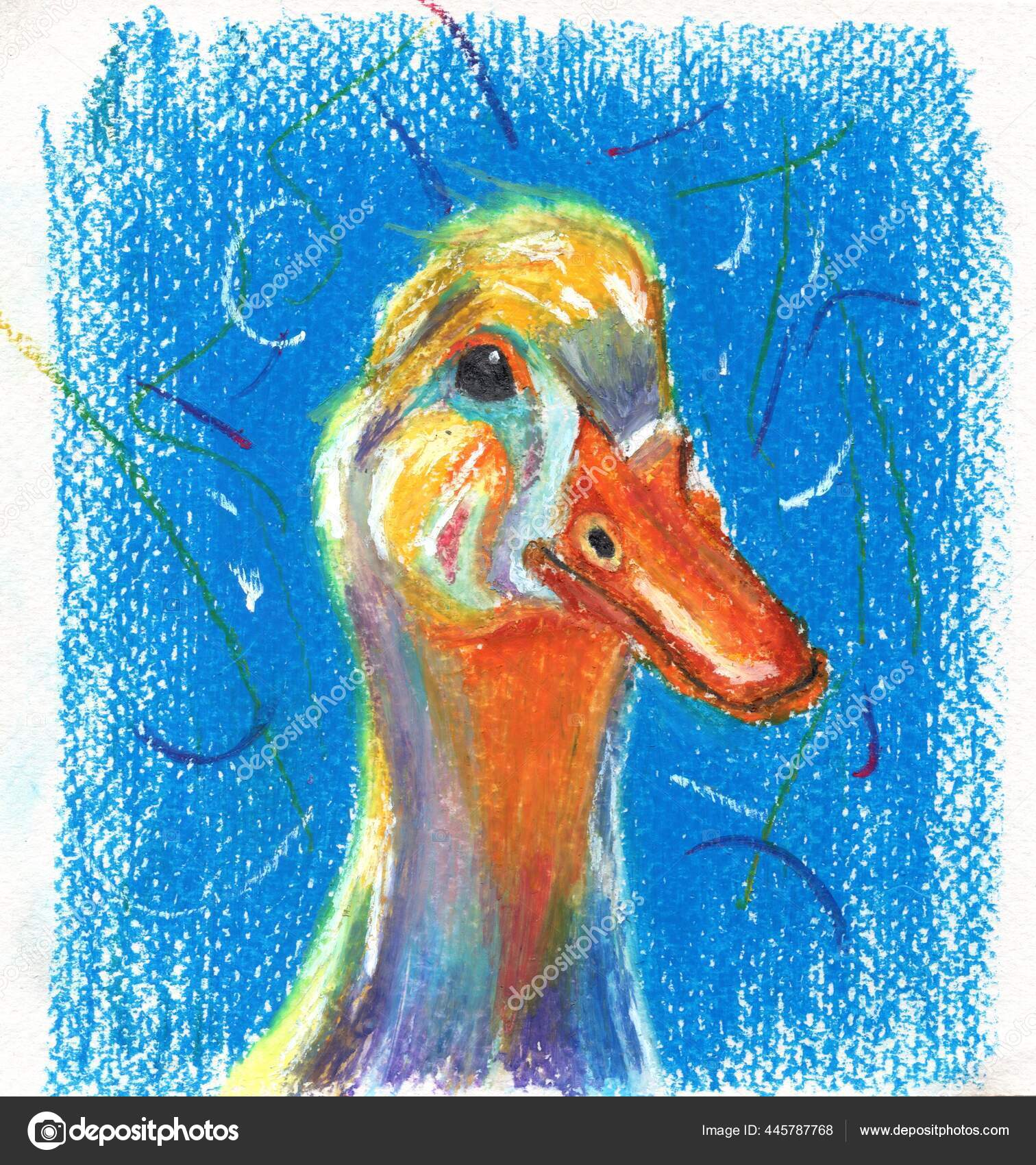 Oil Pastel Illustration Colorful Duck's Head Bright Blue Background Stock  Photo by ©rikkuffx1993@ 445787768