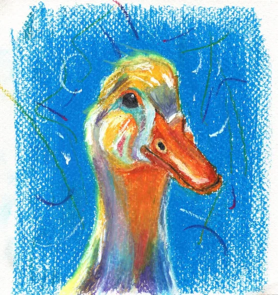 Olio Pastello Illustrazione Una Testa Anatra Colorata Sullo Sfondo Blu — Foto Stock