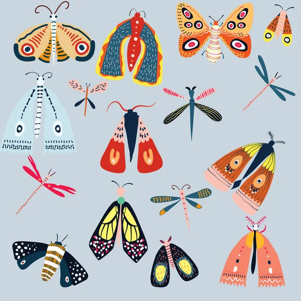 Conjunto Dibujado Mano Diferentes Insectos Mariposas Polillas Libélulas — Vector de stock