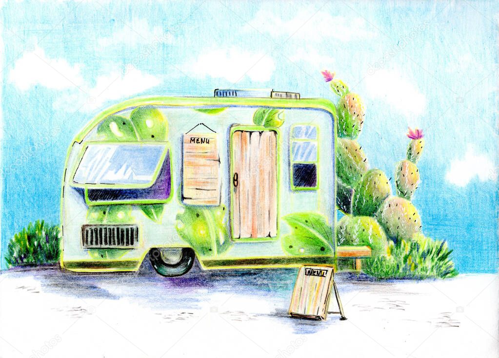 Color pencol illustration of a trailer with green leaves pattern with signs 