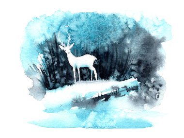 Ormandaki beyaz bir geyiğin suluboya kartpostalı.