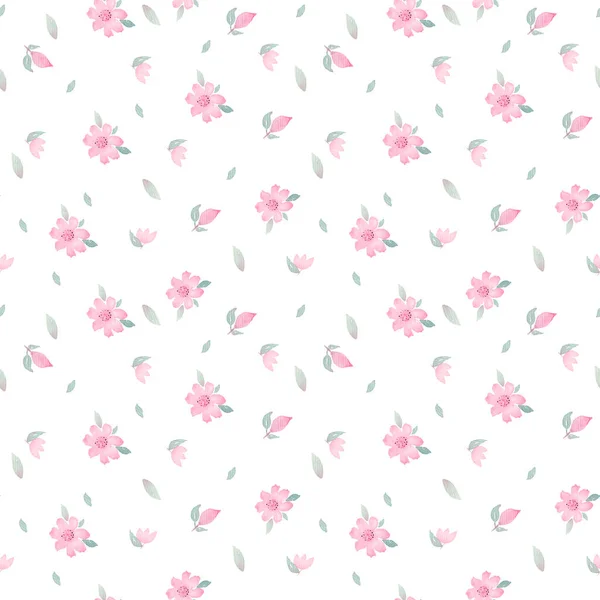Suluboya Kusursuz Desenli Küçük Bahar Çiçekleri Beyaz Arka Planda Yapraklar — Stok fotoğraf